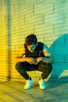 Man playing breakdance in a cellar Stock Photos