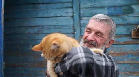 Man playing with a cat on his hands Stock Footage 60745423