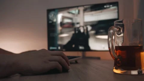 Man Playing Computer Games At Home At Night With A Lamp Stock Footage 147292951