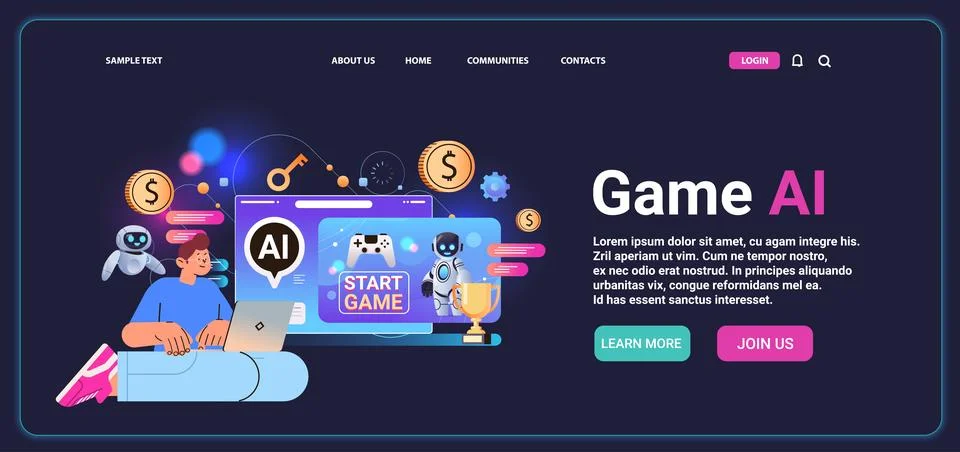 Man playing computer video games with ai helper bot game artificial intelligence Stock Illustration