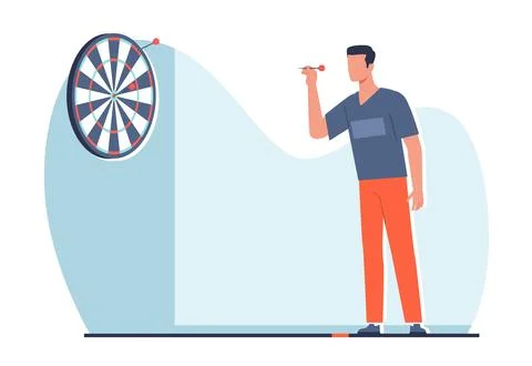 Man playing darts. Aim at target. Male character ready to throw arrow. Hobby and Ilustração Stock