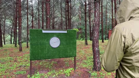 Man playing darts outdoors in a quiet forest. Casual recreational activity .. Stock Footage 340546884