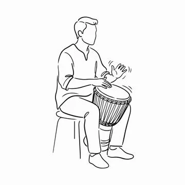 Man playing djembe drum sitting on stool line art illustration Silhouette Stock Illustration