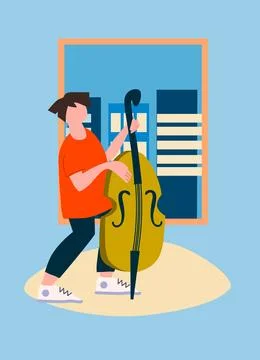 Man playing double bass by the window. Neighbourhood concert. Creative occu.. Stock Illustration