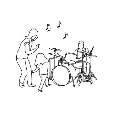 Man playing drum and his wife and girl dancing vector illustration outline sk Stock Illustration