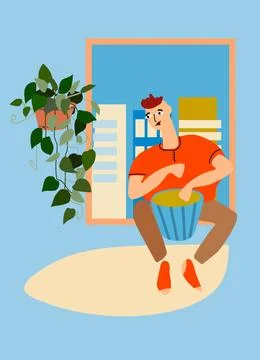 Man playing drum by the window. At-home concert. Creative activitiy. Social.. Stock Illustration