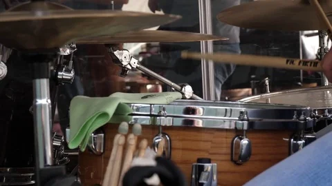 Man Playing Drums Close Up on Snare Drum Cymbal During Concert, 4K Stock Footage 79477520