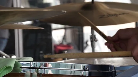 Man Playing Drums Close Up on Snare Drum Cymbal During Concert, 4K Stock Footage 79477591