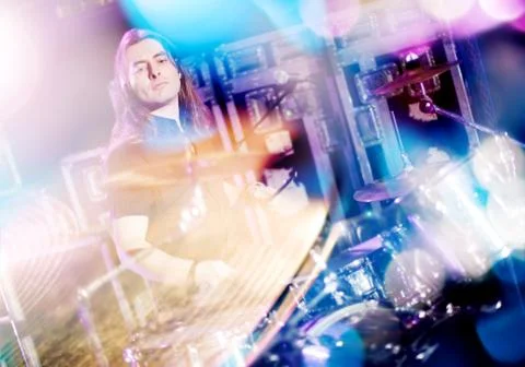 Man playing drums live. Concept live music.Double exposure Fotos de archivo