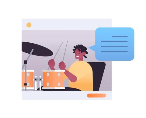Man playing drums in web browser window online music theory concept portrait Illustrazione stock