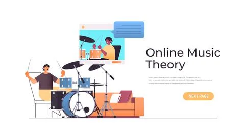 Man playing drums while watching video lessons with male teacher in web browser Illustrazione stock