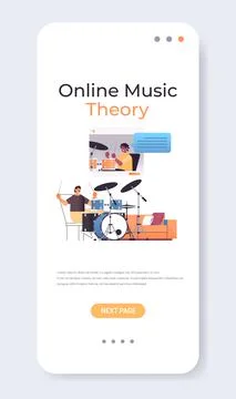 Man playing drums while watching video lessons with teacher in web browser Illustrazione stock