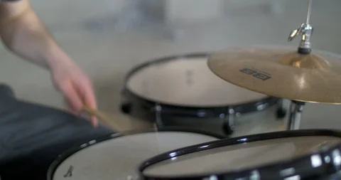 Man Playing the Drumset with grey atmosphere- Le Mans, France - January 2018 Stock Footage 96122541