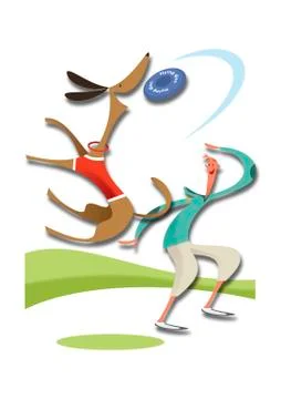 Man playing flying disc with a dog Stock Illustration