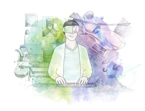 Man playing games using Virtual Reality VR headset Illustrazione stock