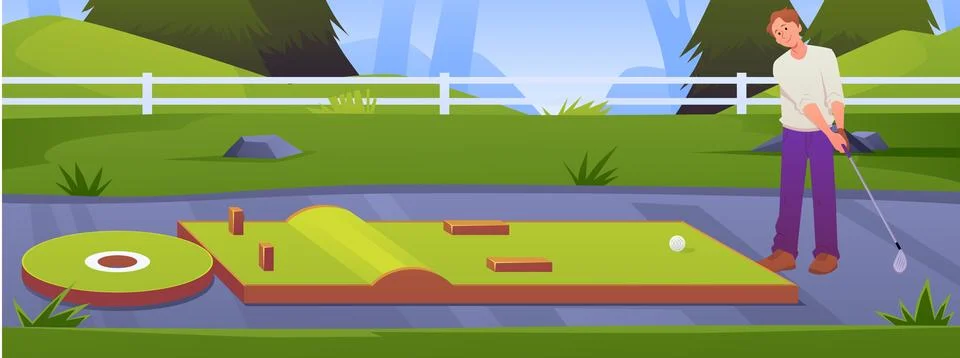 Man playing golf on mini golf course, golf equipment, vector sport leisure Stock Illustration