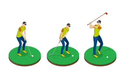 Man playing golf, vector 3d isometric illustration. Golf swing stages, isolat Stock-Illustration