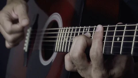 Man playing guitar on black background. Six strings. Playing with fingers Video stock 79036760