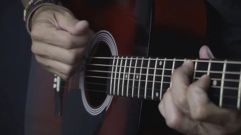 Man playing guitar on black background. Six strings. Playing with fingers Video stock 79037862