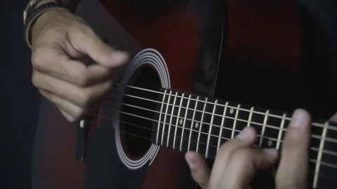 Man playing guitar on black background. Six strings. Playing with fingers Video stock 79038717
