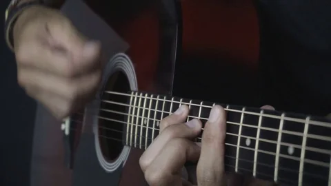 Man playing guitar on black background. Six strings. Playing with fingers Video stock 79039405