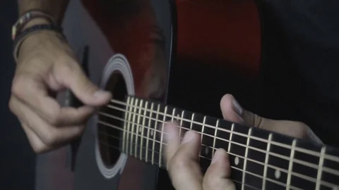 Man playing guitar on black background. Six strings. Playing with fingers Video stock 79039686