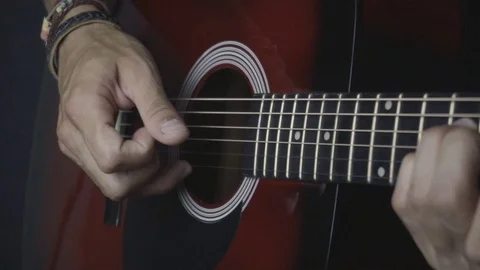 Man playing guitar on black background. Six strings. Playing with fingers Video stock 79040008