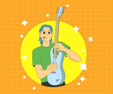 Man Playing Guitar While Lifting It Rock Musician Cartoon Illustration Ilustración de archivo