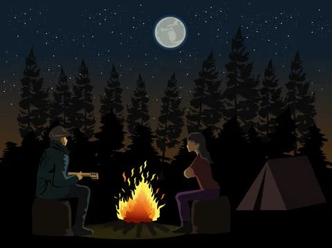 Man playing guitar to woman in front of a campfire with shadows of pine tree Stock Illustration