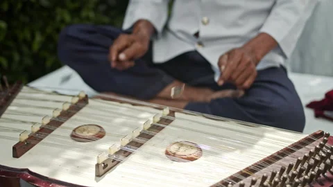Man playing hammered dulcimer outside (slowmotion) Stock Footage 196986029