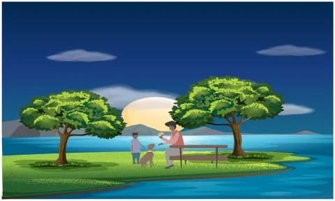 Man is playing with his son and dog in a garden Stock Illustration