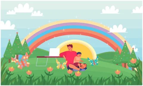 Man playing with his son while working on laptop in the garden Stock Illustration