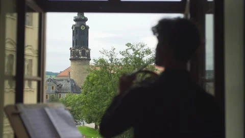 Man Playing the Horn infront of a Window Stock Footage 159202977