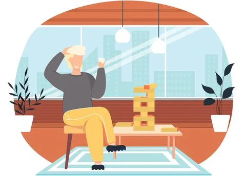 A man playing jenga at home at a table cartoon vector illustration cozy living Illustrazione stock