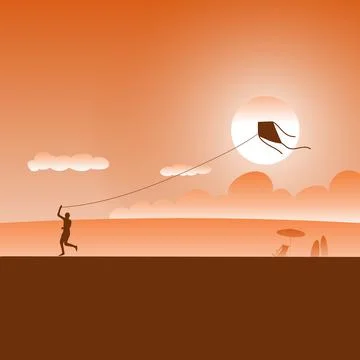 Man playing kite on the beach at sunset with orange gradient shade Stock Illustration