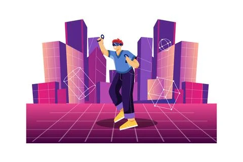 A man playing with reality in the metaverse. Ilustración de archivo
