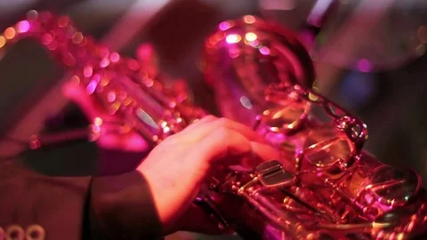 Man Playing on Saxophone. Close Up View from Bottom. Stock Footage 75614243