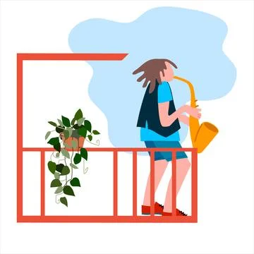 Man playing saxophone by the window. At-home concert. Creative occupation. .. Stock Illustration