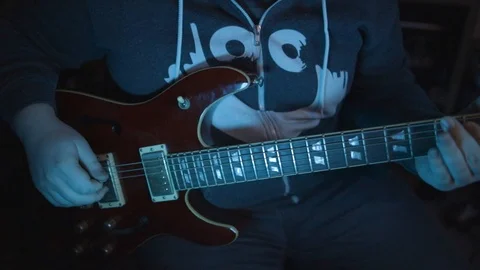 Man Playing Schecter Electric Guitar, Rock Music, Blue Lighting Home Studio Stock Footage 122719609