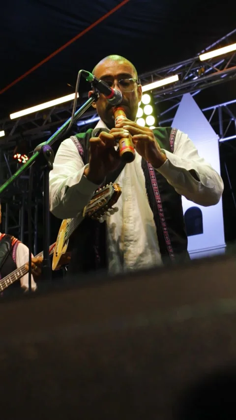 A man playing several musical instruments at a concert Stock Footage 313297418