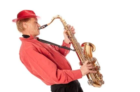 Man playing tenor saxophone leaning backwards Stock Photos
