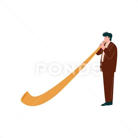 Man Playing Traditional Alpine Horn, Musician Playing Woodwind Instrument Vector Stock Illustration