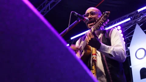 A man playing two musical instruments at a concert Stock Footage 313297514