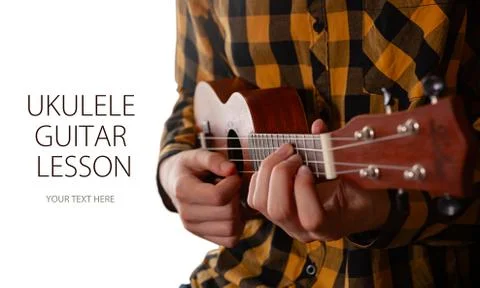 A man playing ukulele in close up view. Template design with sample text Stock Photos