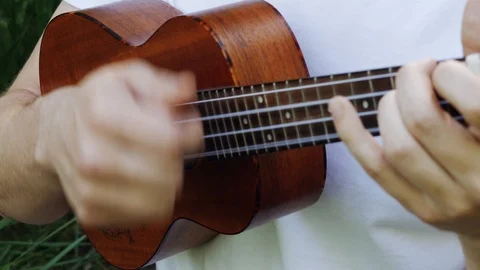 Man playing on ukulele at nature close-up hands and music instrument. Stockbeeldmateriaal 108389698