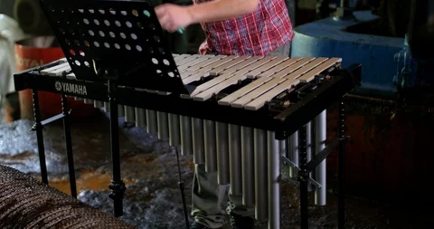 Man playing the vibraphone in an old factory Video stock 104444840