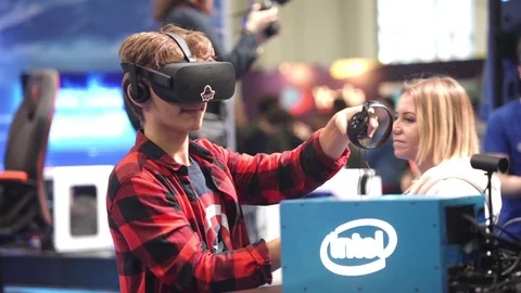 Man playing video game with Oculus Development Kit VR glasses 스톡 동영상 74546062