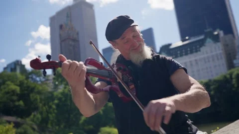 Man playing Violin in Central Park On Bridge NYC New York Manhattan Buildings 库存影片 240240348