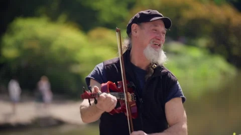 Man playing Violin in Central Park On Bridge NYC New York Manhattan Buildings Stock Footage 240240351