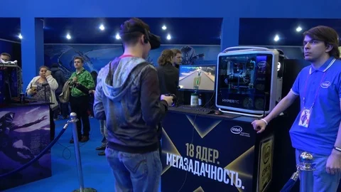 Man playing virtual reality game in VR headset with accessories controllers on Stock Footage 81002740